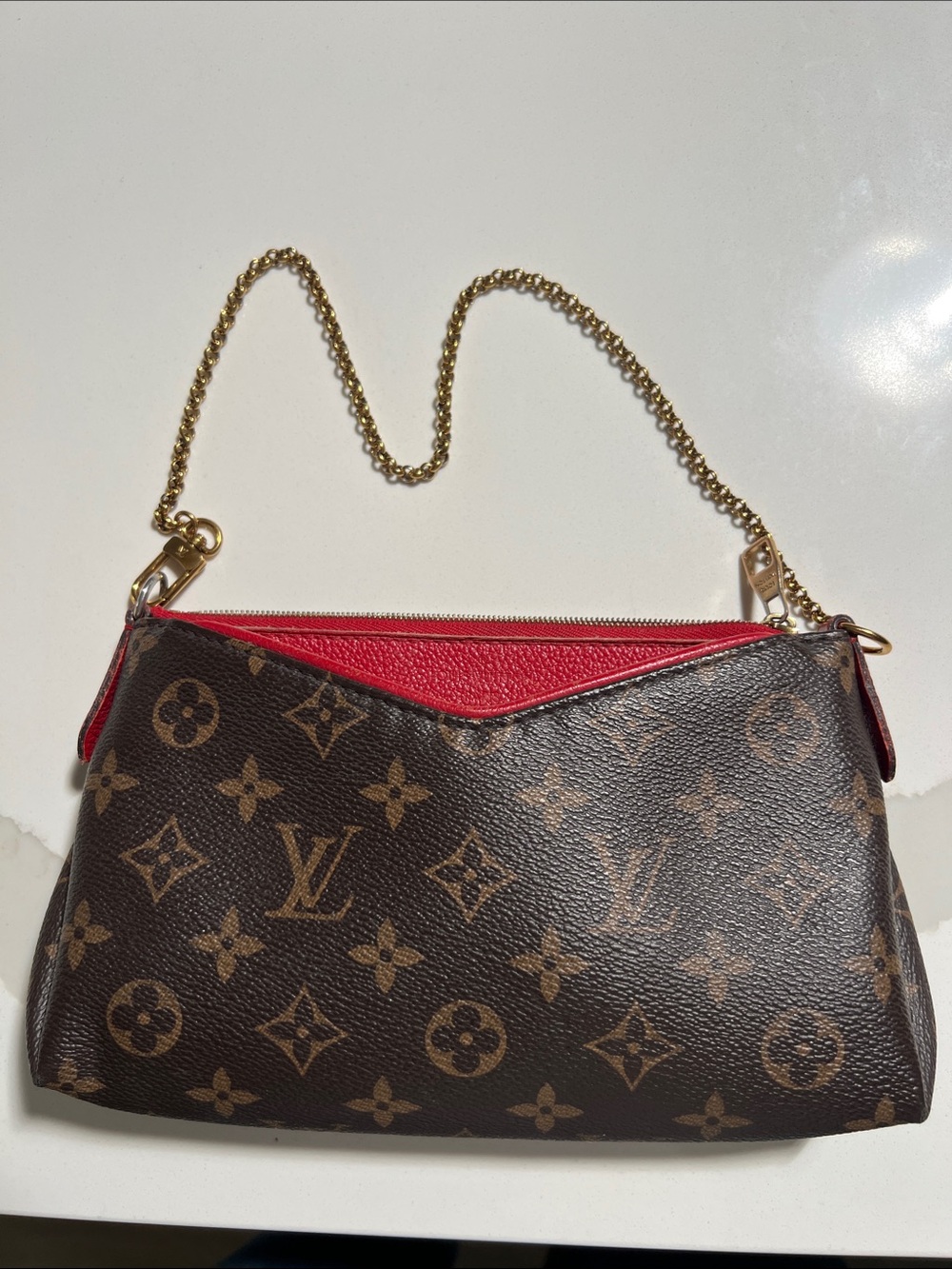 Louis Vuitton Shoulder Bag w/ Cherry Red Trim &Gold Chain Monogram Pallas Clutch